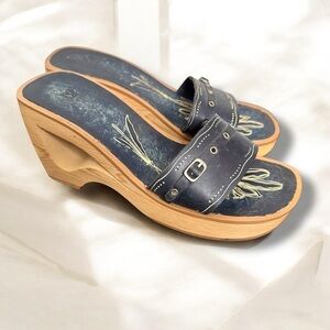 Vintage Y2K Navy Slide Sandals wooden heel wedge 8 Fairycore tropical summer